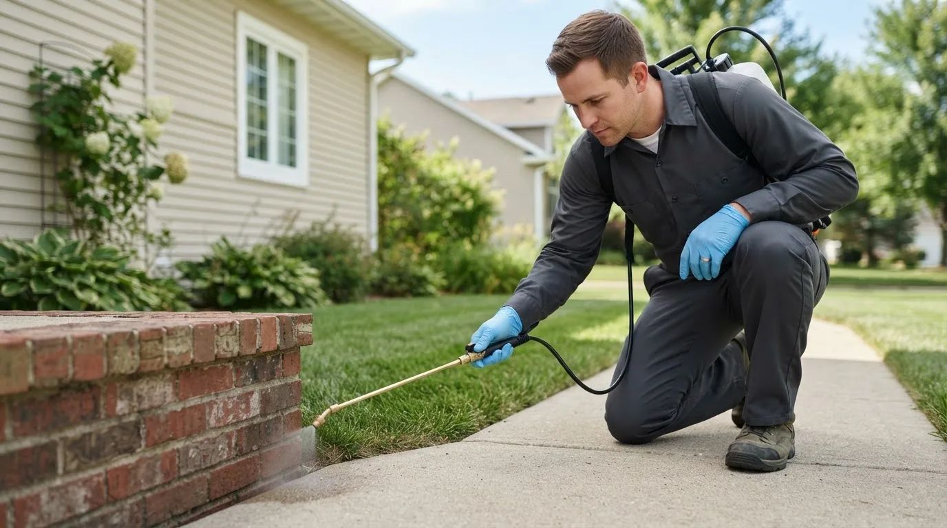 Pest control technician treating a home near Mullin, TX