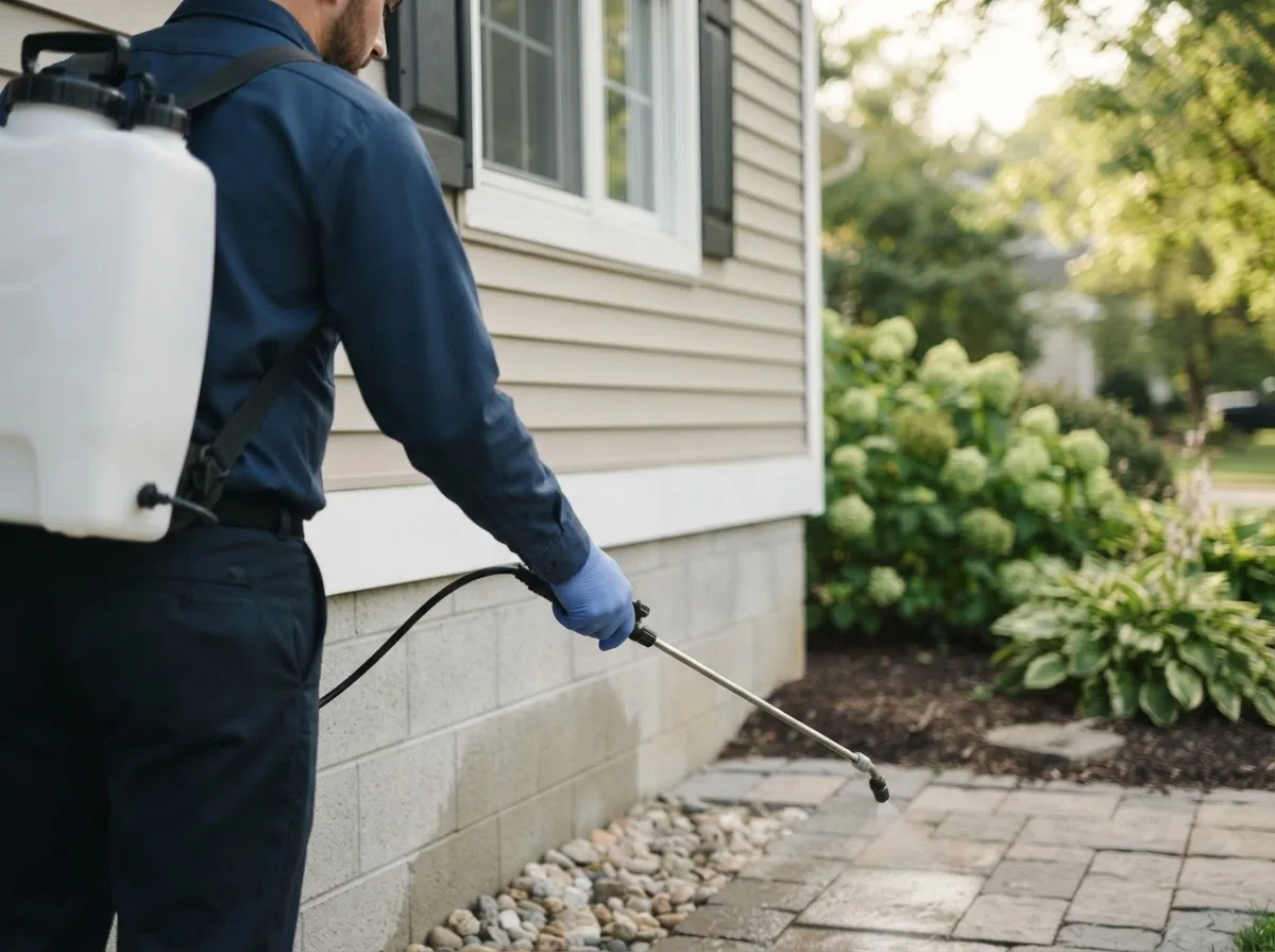 Pest control technician inspecting a home in Mullin, TX